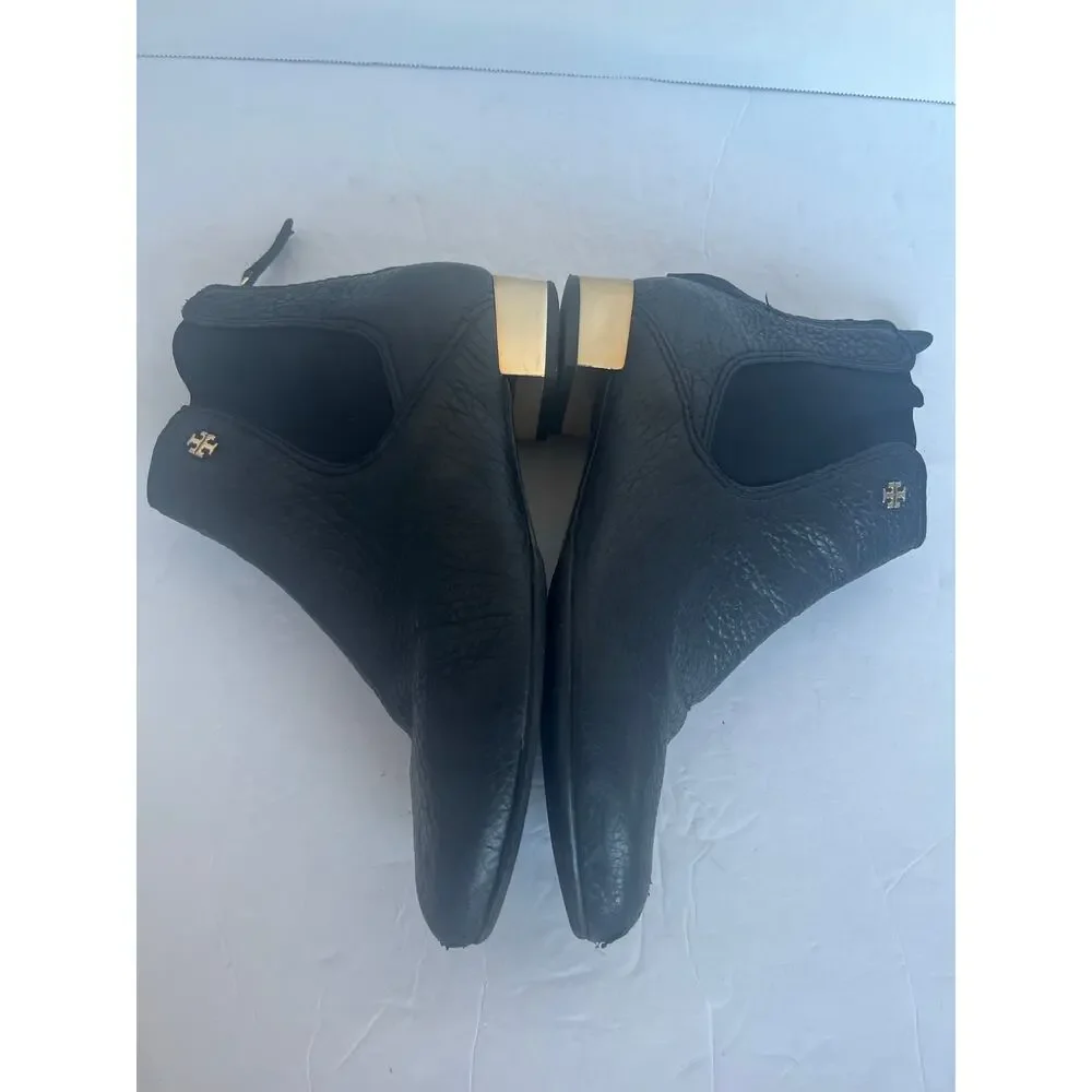 Tory Burch Black Pebbled Leather Back Zip Low Gold Heel Chelsea Ankle Boots 7.5‎